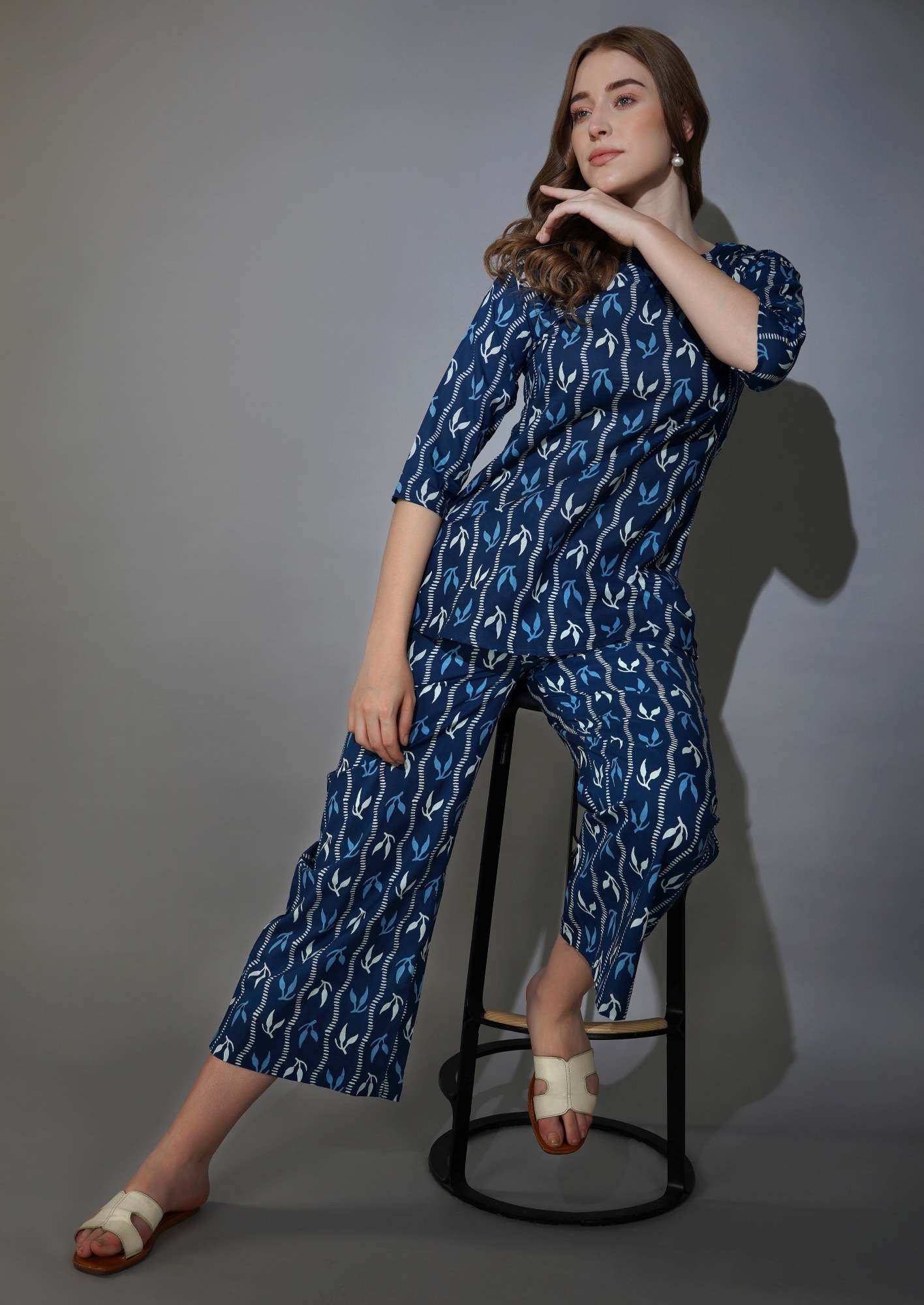 Navy Blue Geometric Leaf Pure Cotton Loungewear Set