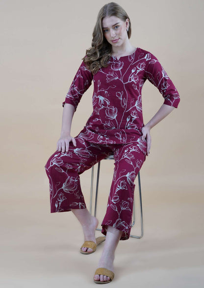 Sophisticated Maroon Petal Dream Loungewear Ensemble