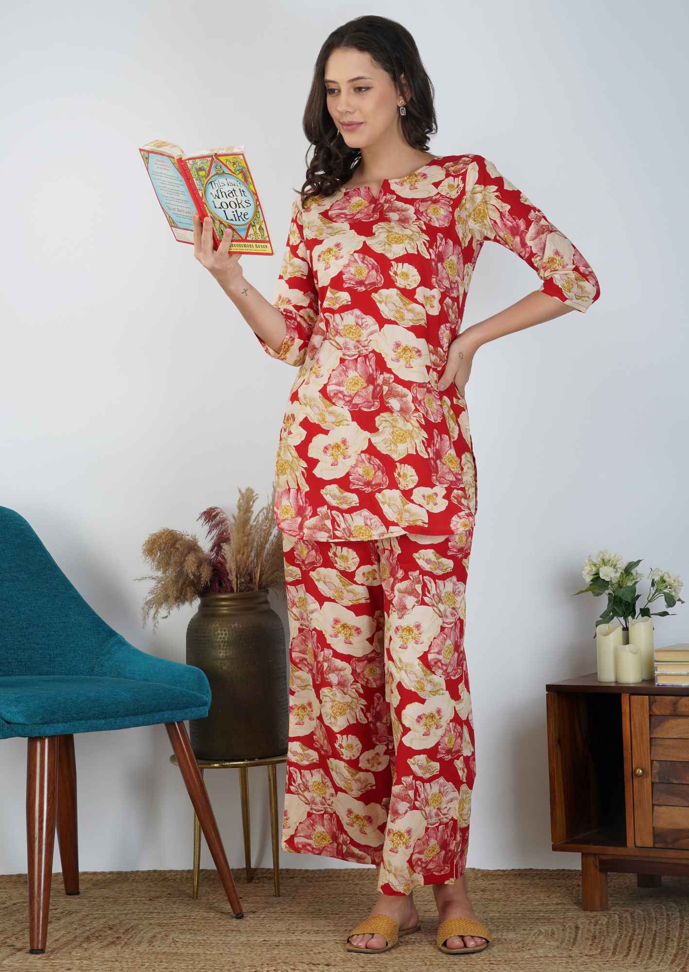 Red Floral Delight Discharge Cotton Loungewear