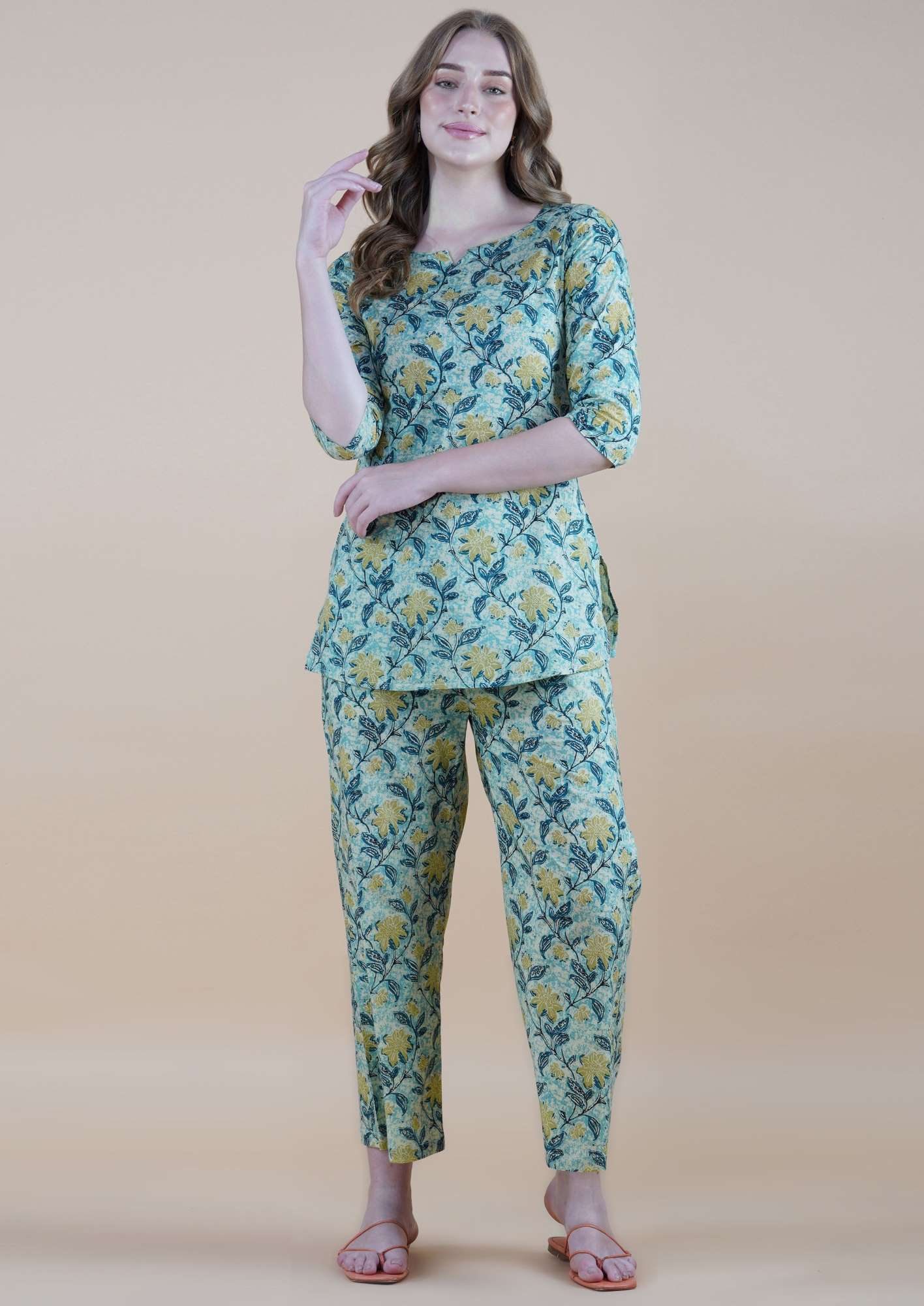 Mustard Florals On Coastal Sea-green Loungewear