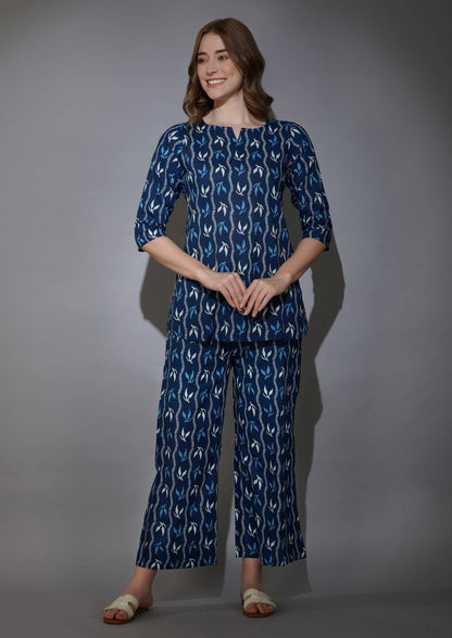 Navy Blue Geometric Leaf Pure Cotton Loungewear Set