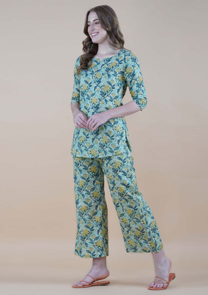 Mustard Florals On Coastal Sea-green Loungewear