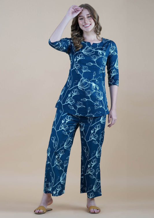 Teal Blue Petal Dream Cotton Loungewear