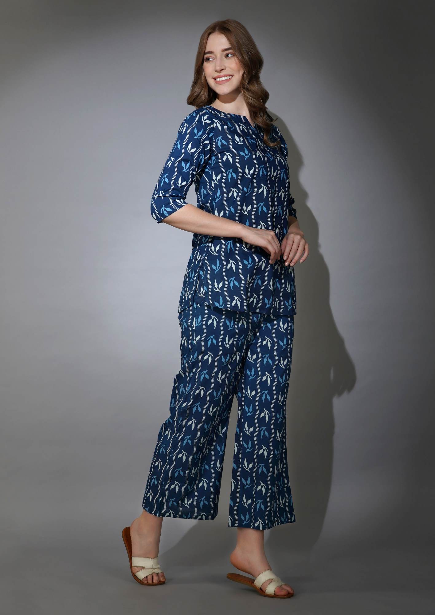 Navy Blue Geometric Leaf Pure Cotton Loungewear Set