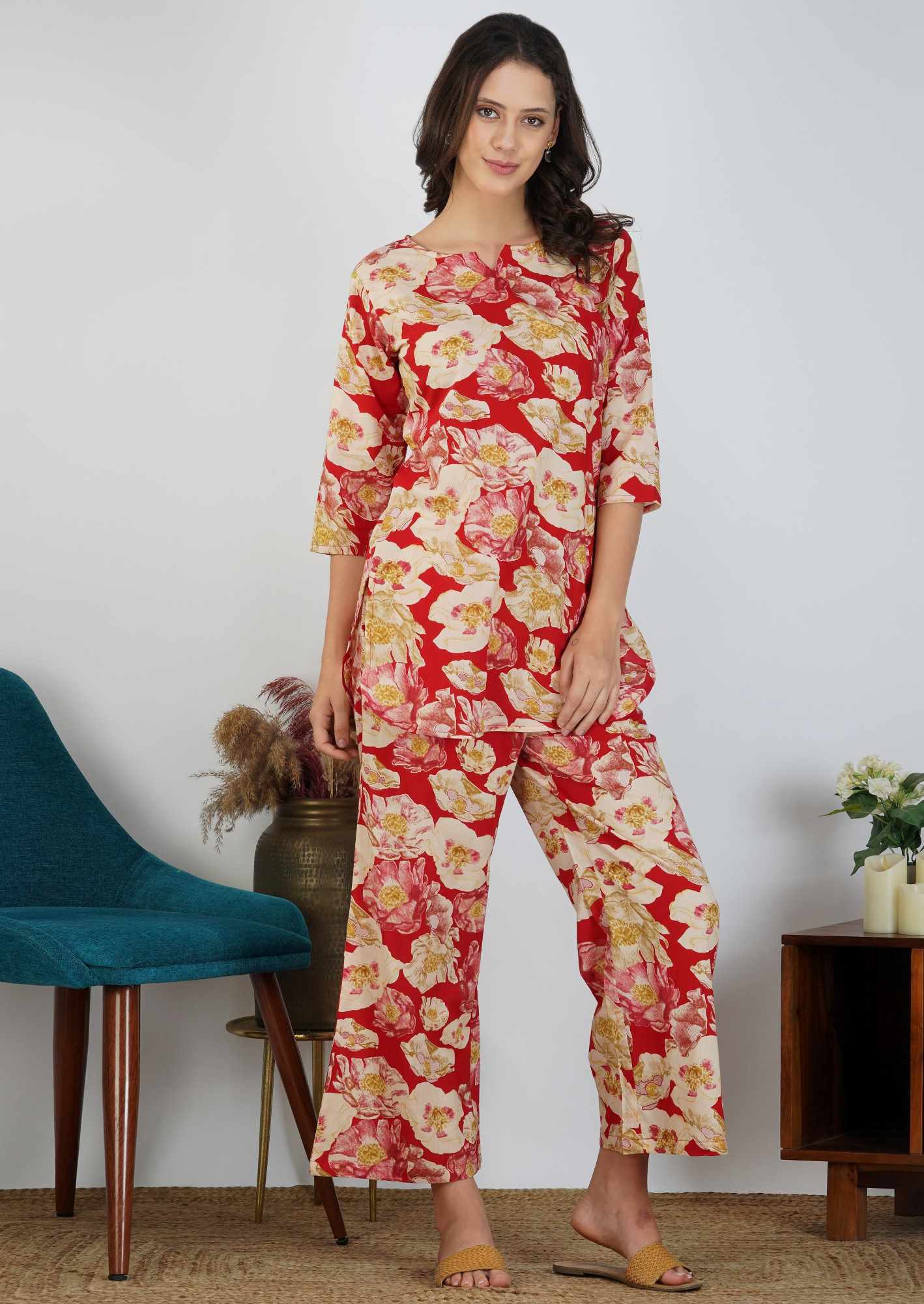 Red Floral Delight Discharge Cotton Loungewear