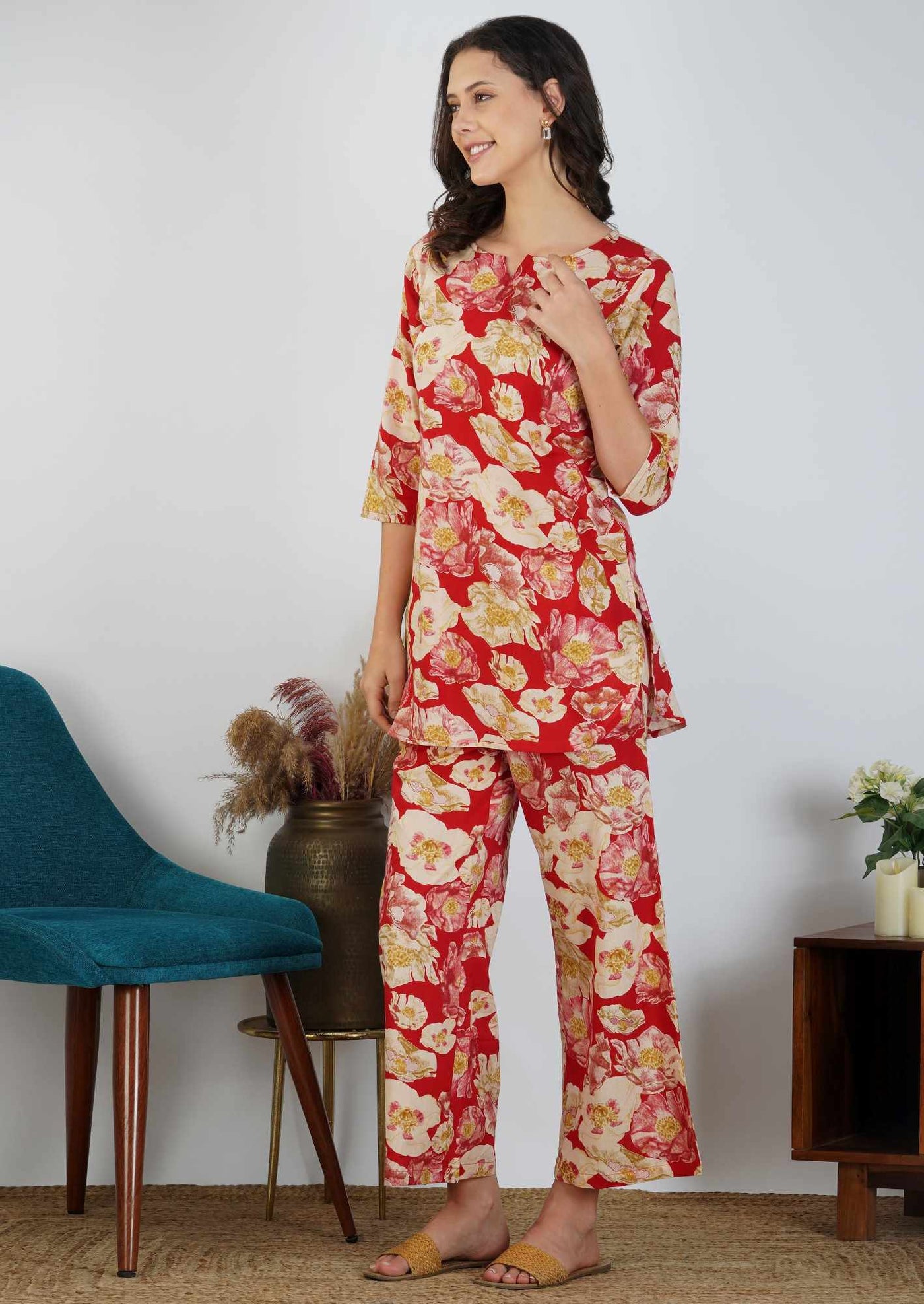Red Floral Delight Discharge Cotton Loungewear