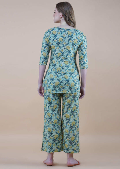 Mustard Florals On Coastal Sea-green Loungewear