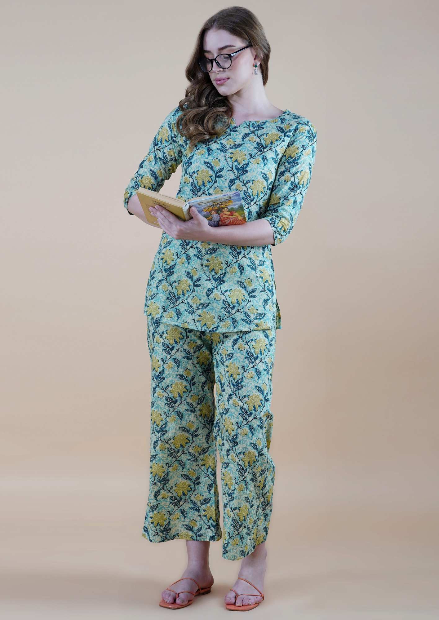 Mustard Florals On Coastal Sea-green Loungewear