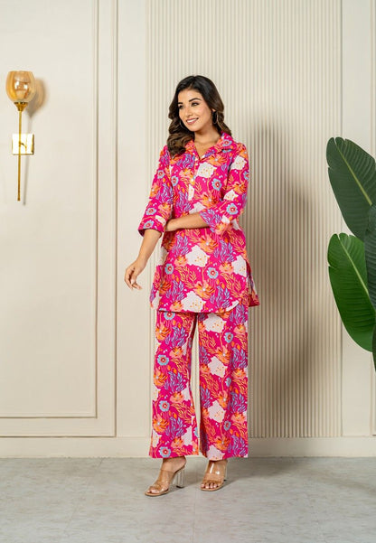 Vibrant Floral Harmony Cotton Tunic Set