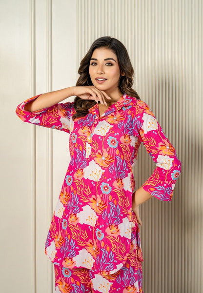 Vibrant Floral Harmony Cotton Tunic Set